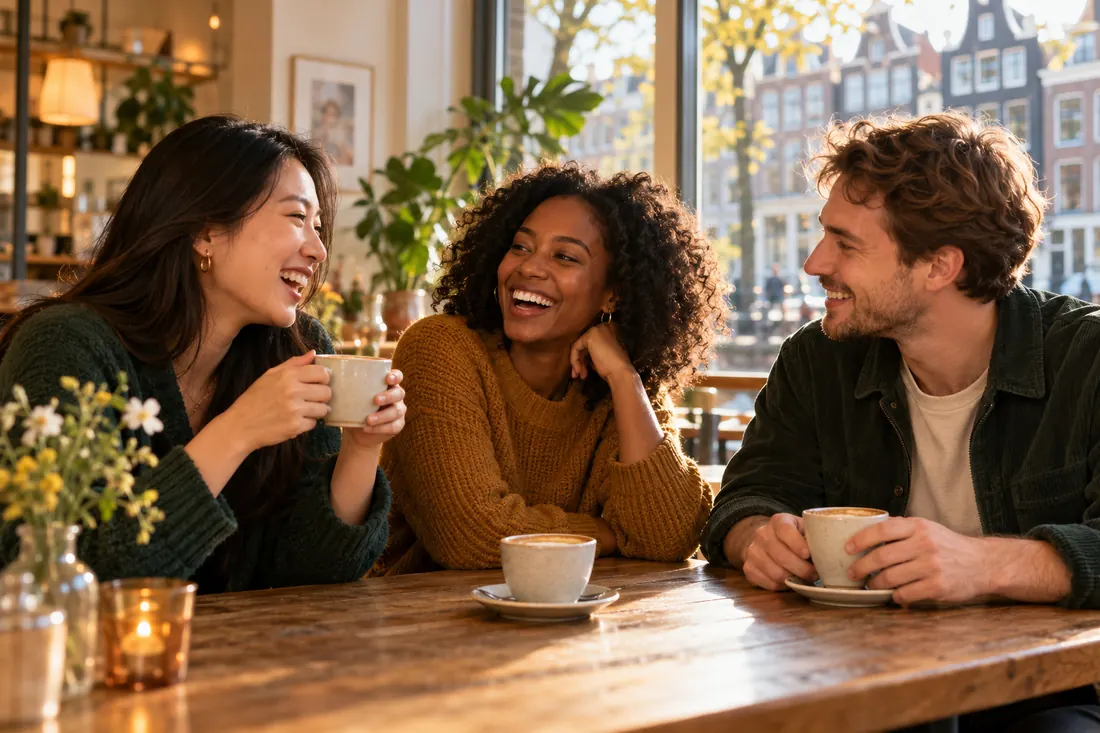 People chatting over coffee in a café