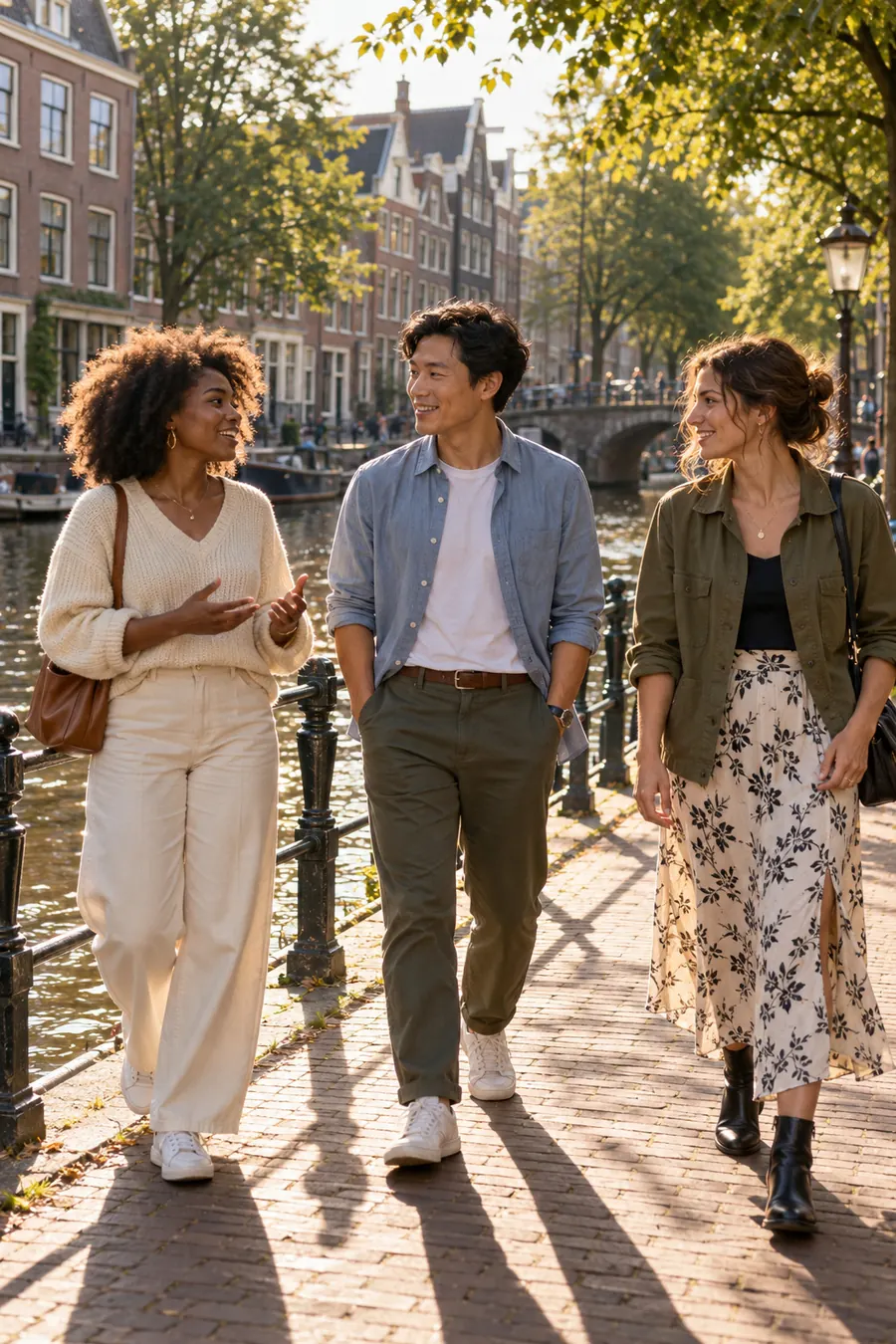 A small group walking beside an Amsterdam canal